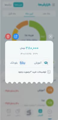 Daftar's transaction detail: amount in toman, category, bank account and Jalali date