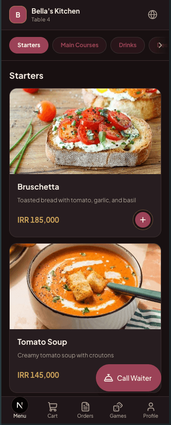 Suvio's guest menu on a phone, with a Call Waiter button