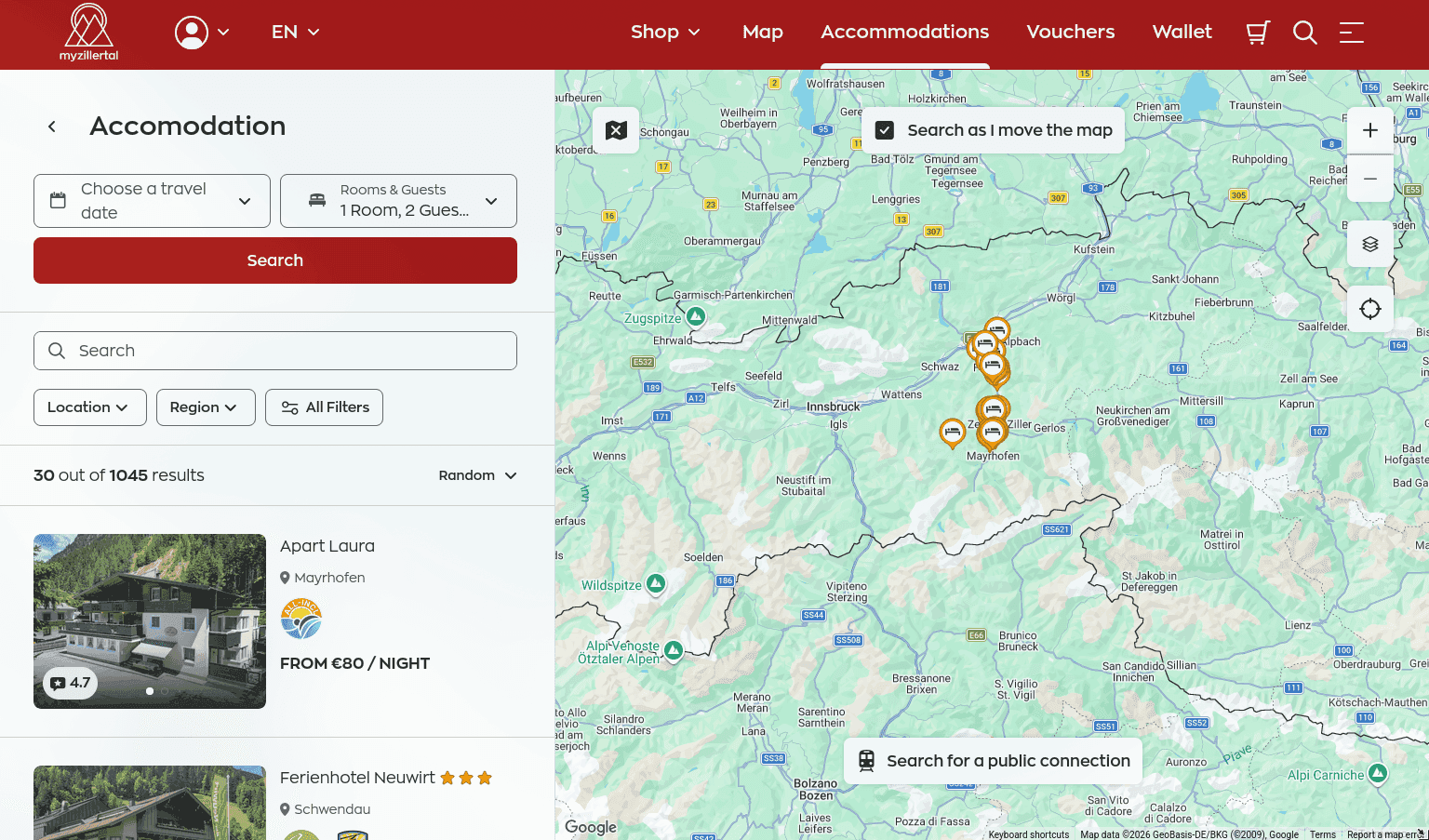 myZillertal accommodation search: filters and results beside a map of the Zillertal