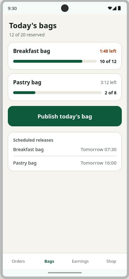 Navadi's merchant app: today's bags, how many are reserved, and scheduled releases