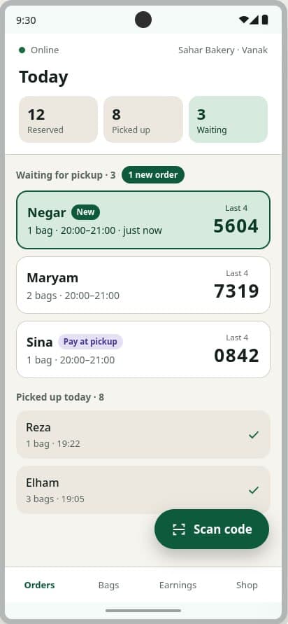 Navadi's merchant app: today's reservations, pickup codes and a Scan code button